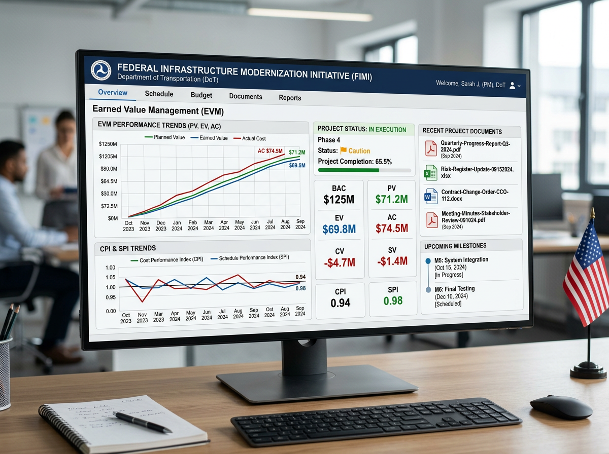 Dashboard displaying earned value management graphs and project status for federal infrastructure modernization