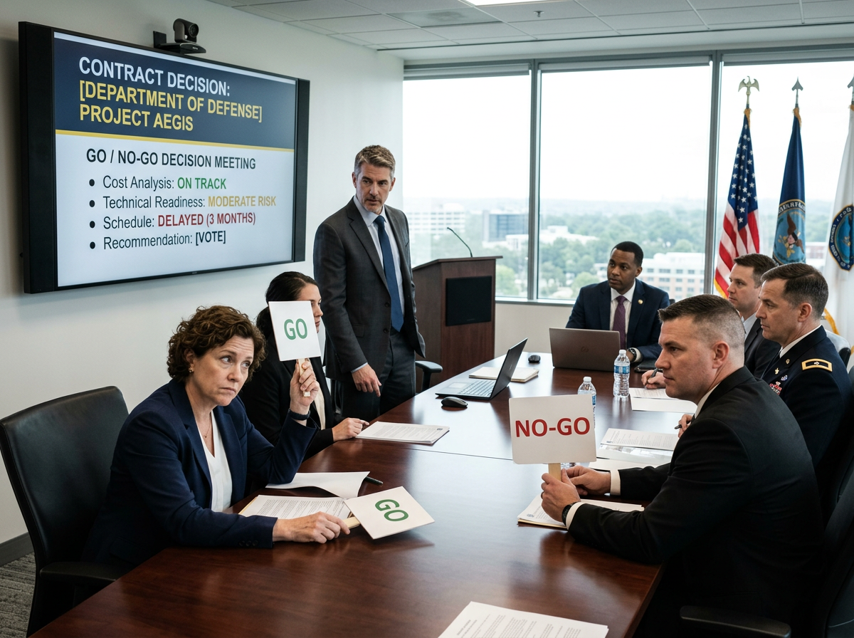 Government officials voting Go or No-Go in a Project Aegis decision meeting