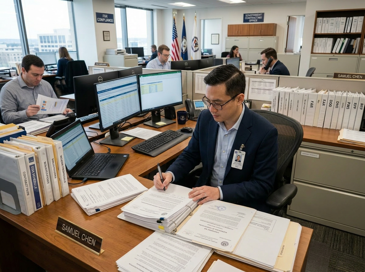 Woman reviewing and signing government contract documents at office desk